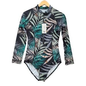 NWT Lafy Koly Swimsuit Shirt Women L Black Palm Leaves Long Sleeve Zip Up Rash